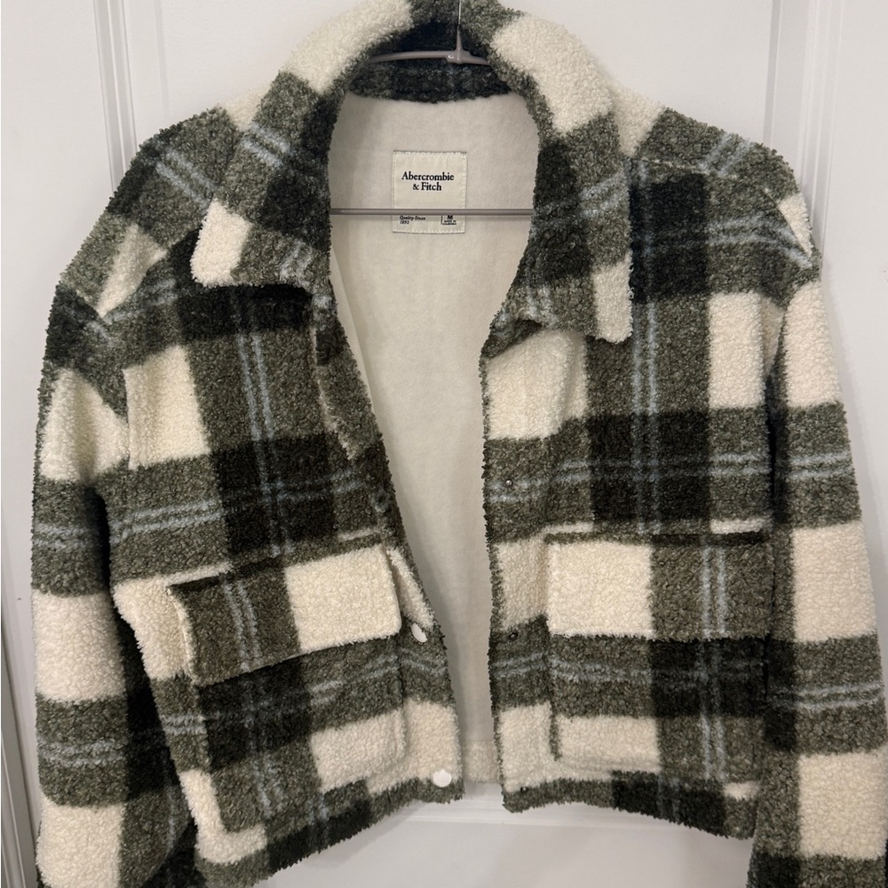 Abercrombie & Fitch Olive Green and Cream Plaid Teddy Jacket